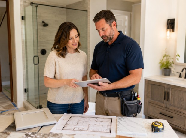 A remodeler and a homeowner reviewing bathroom plans on a tablet beside a vanity and floor plan