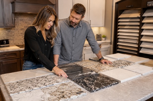A couple comparing granite and quartz countertop samples laid out on a kitchen island