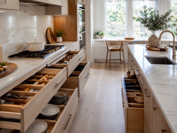 Open kitchen drawers fitted with wooden dividers holding plates and cutlery