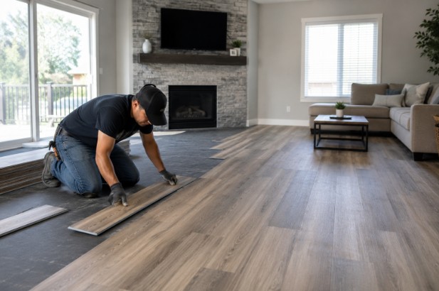 An installer laying grey luxury vinyl plank flooring in a living room with a stone fireplace