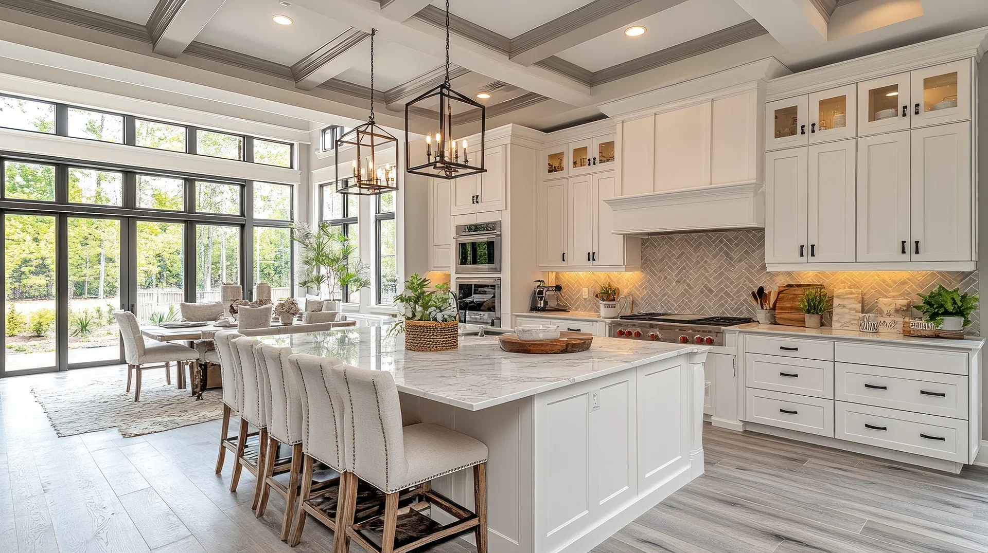 Modern luxury white kitchen with a marble island and coffered ceiling